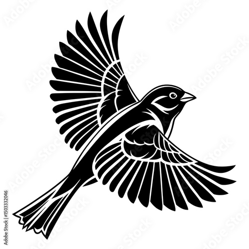 Charming Sparrow/Finch silhouette vector icon, capturing the quick, fluttering flight of a small songbird. This clean, black graphic is versatile for garden themes, everyday nature, or subtle bird 