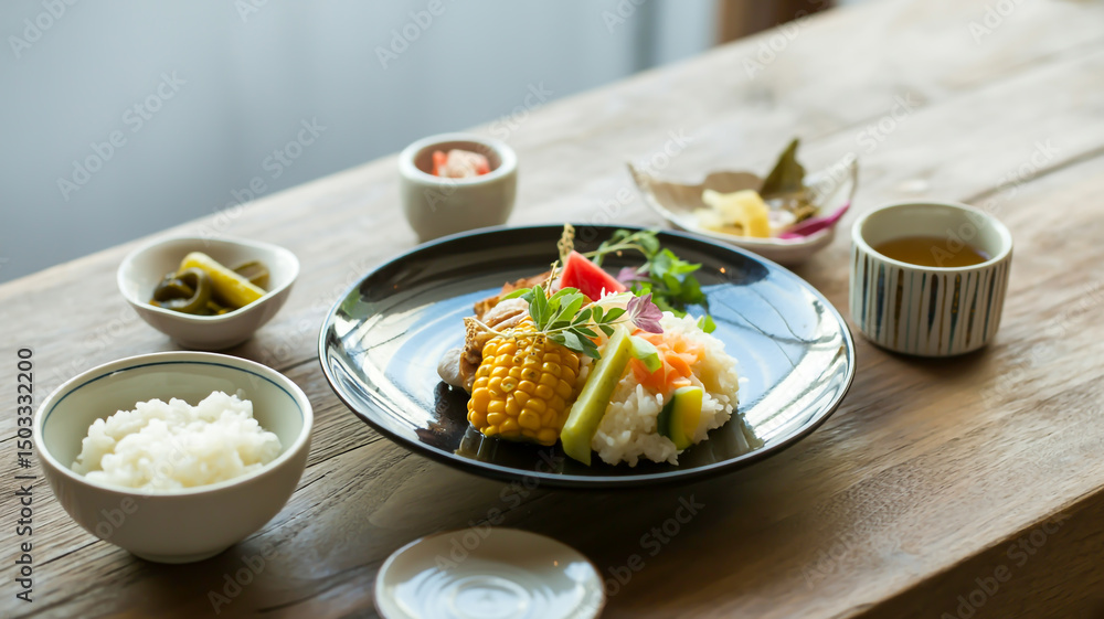 A high-quality food photography shot of a Japanese meal spread on a wooden table . A high-quality food photography shot of a Japanese meal spread on a wooden table .