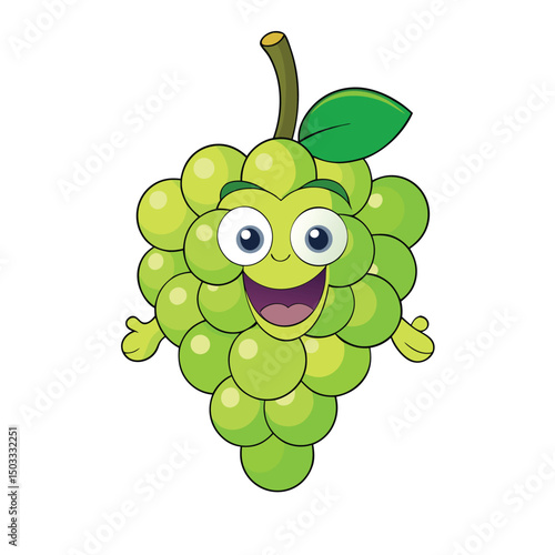 A cheerful green grape cartoon character smiles widely with delight and playful energy