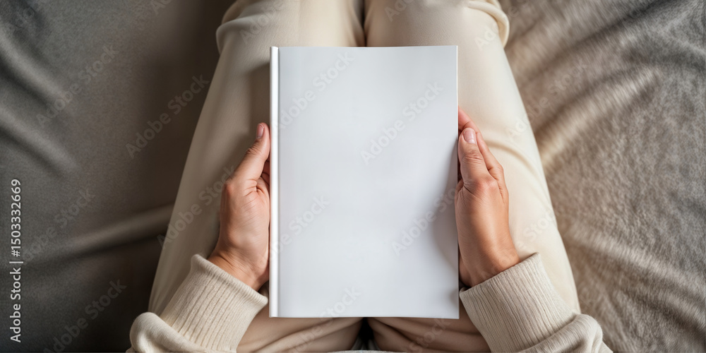 Fototapeta premium Top-down view of a person holding a plain white blank book or magazine mockup.