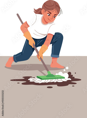 Child cleaning floor with mop domestic chore activity young person