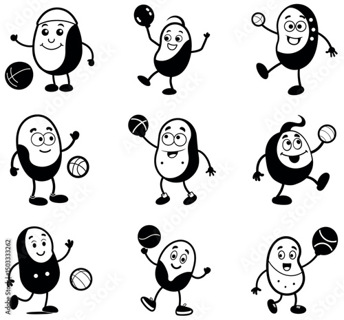 Cartoon Black and White Bean Characters Playing Basketball – Fun Legume Mascots Set