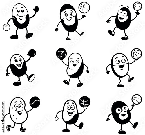 Cartoon Black and White Bean Characters Playing Basketball – Fun Legume Mascots Set