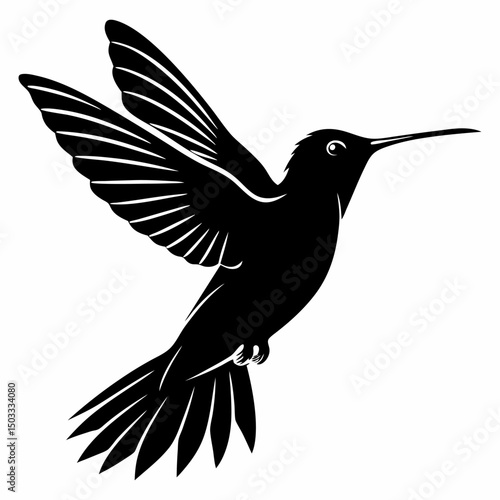 Dynamic Hummingbird silhouette vector icon, frozen in its characteristic hovering flight, showcasing rapid wing movement. This clean, black graphic captures the energy and delicacy of this tiny bird. 