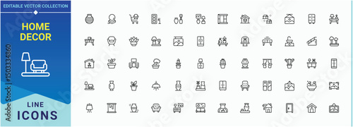 Home Decor icon set. Minimal icons collection. Includes thin line symbols apartment, kitchen, house, home, sofa. Pictogram and infographic. Indoor line icon set.