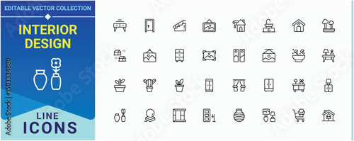 Interior Design icon set. Contains outline symbols like sofa, decor, living, house, interior, bed, office and more. Home Decor icon pack. Minimal icons collection. Signs for web and mobile app.