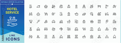 Hotel Service icon set. Hospitality icon set in linear style. Minimal icons pack. Included hotel, travel, fast, hostel, service and more. Art and illustration.