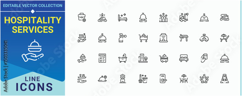 Hospitality Services icon set. Related to travel, fast, reception, hotel, room service, hostel, receptionist and more. Hotel Service icon set. Trendy minimal icons. Vector illustration.