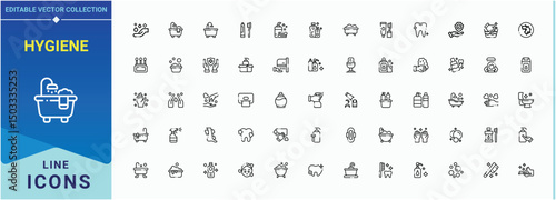 Hygiene icon set. Outline icons collection. Editable stroke. Vector collection. Washing icon set. Contains outline symbols like antiseptic, bath, medical, protect, sanitary, wash, disinfect and more.