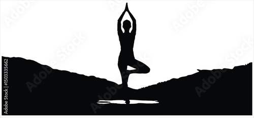 Vector Silhouette Illustration of a Person Practicing Yoga in the Tree Pose (Vrikshasana), Symbolizing Balance, Serenity, and Mindfulness for Themes of Health, Wellness, and Spirituality.