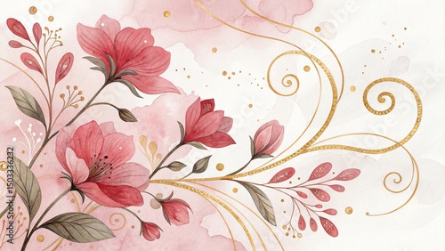 Pink Watercolor Floral with Gold Accents, Botanical Art, Watercolor Painting Floral design, Watercolor art