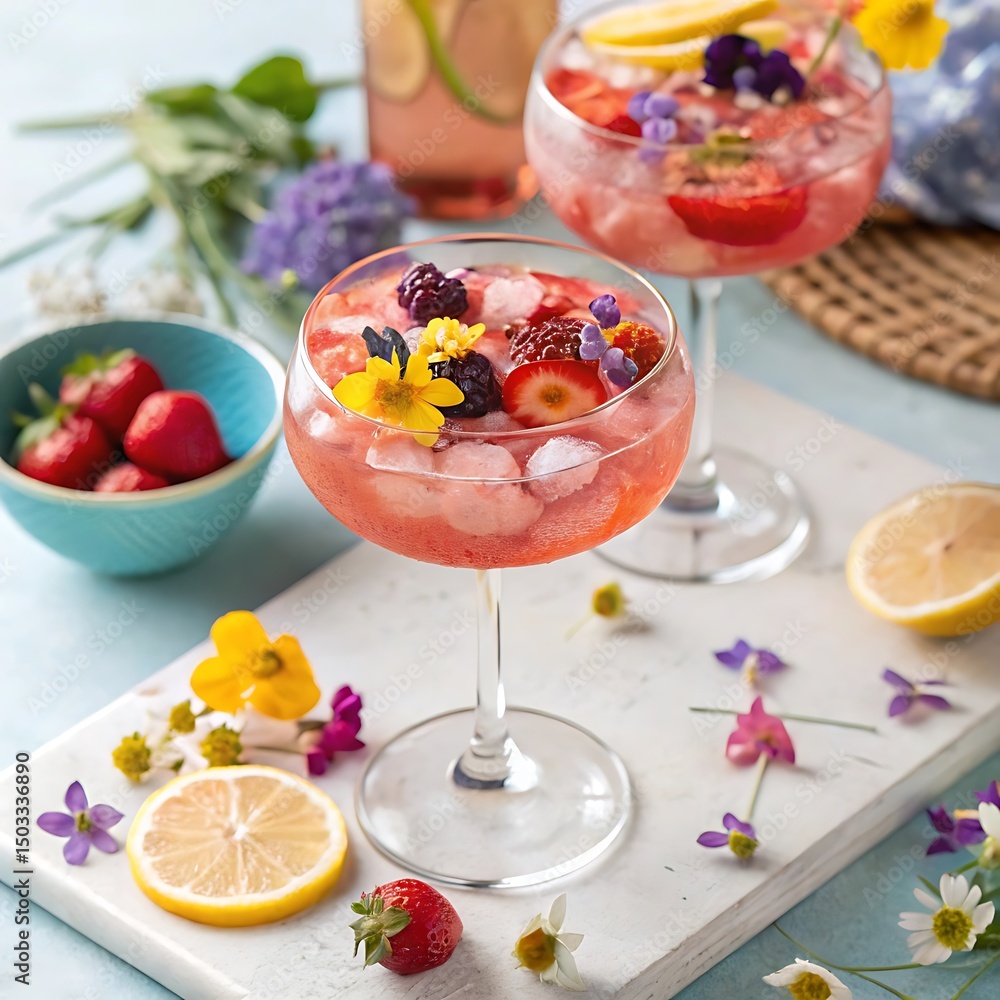 Spring Cocktail with Floral Garnish and Fresh Fruit Accents Spring Cocktail with Floral Garnish and Fresh Fruit Accents