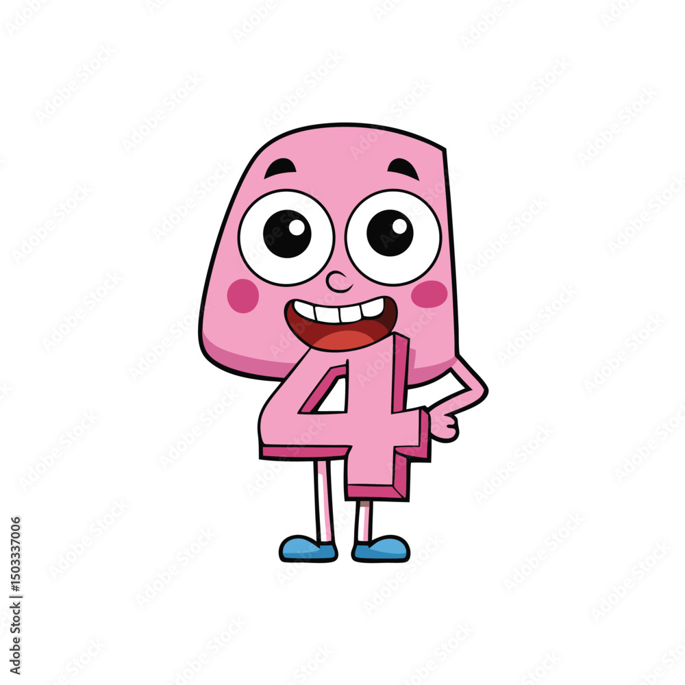 Obraz premium A joyful pink number four cartoon character is standing with a charming smile