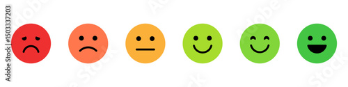 Feedback emoji icons vector. good and bad emoticon signs - Happy and Sad reaction. 6 Color faces, Smiley rating icon set , happy, neutral, sad, emojis. Vector illustration