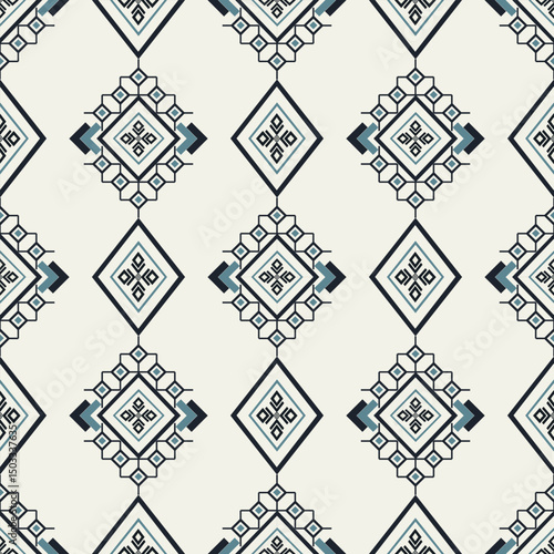 Repeating ethnic geometric diamond pattern with Navajo motifs in soft ivory and dark navy tones. Great for wallpaper, textile prints, and surface design.