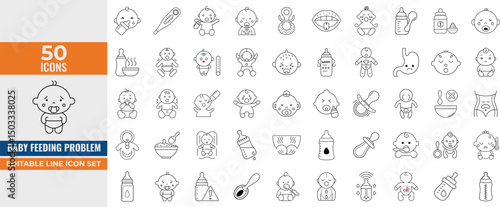 Baby Feeding Problem Icon Set – Vector Line Illustrations of Food Allergy, Colic, Reflux, Spitting, Crying, Discomfort, Temperature & Spoon
