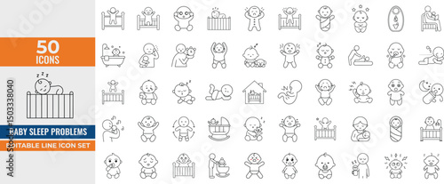 Baby Sleep Problrm Line Icon Set – Vector Line Illustrations of Awake Infants, Toddler Tantrums, Yawning, Crying, Soothing & Sleep Troubles”