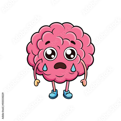 A pink brain character with large eyes is sadly crying tears on white