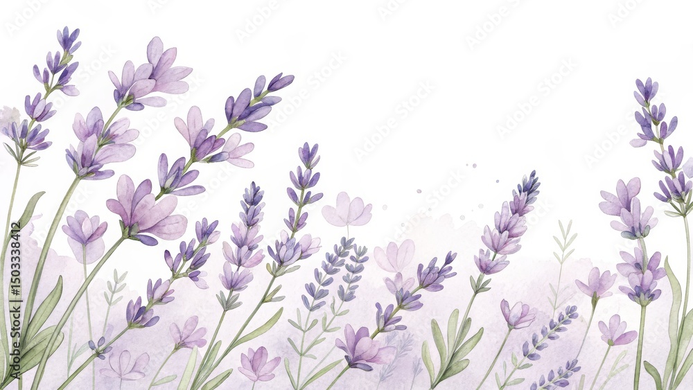 Obraz premium Watercolor Lavender Floral Border, Botanical Illustration, Purple Flowers Lavender, Watercolor