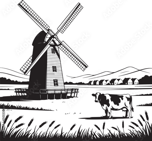 Black and white illustration of a windmill and cow in a rural countryside setting, ideal for farming, agriculture, and rural lifestyle designs.