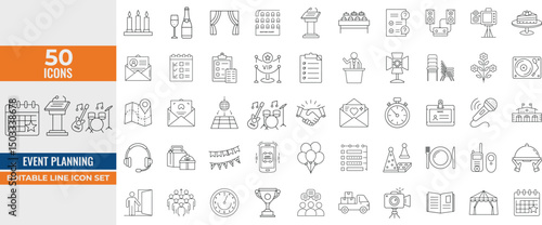 Event Planning Line Icon Set – Vector Outline Collection of Venue, Decorations, Catering, Invitations, Entertainment & Coordination Symbols