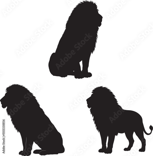 Group of lions in various poses silhouette vector illustration