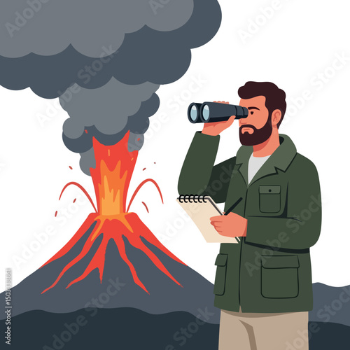 Volcanologist observing erupting volcano with binoculars and notebook natural disaster study vector