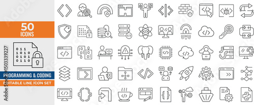 Programming & Coding Line Icon Set – Editable Vector Icons for Developers, Software Development, APIs, IT, and Code Tools