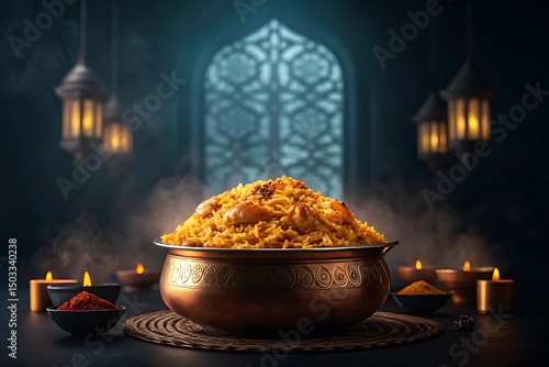 Mouth-watering chicken biryani in a traditional pot, with atmospheric lighting.