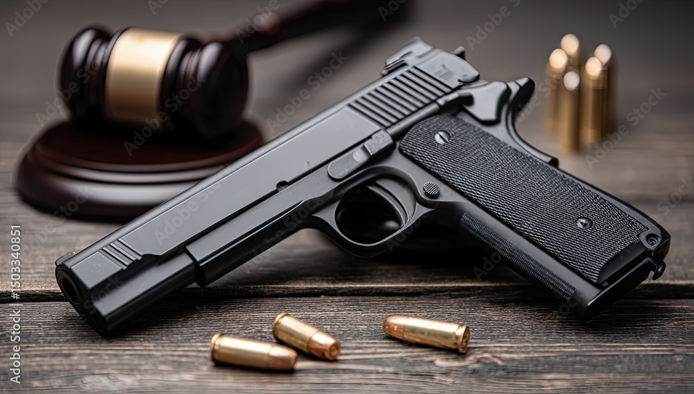 Obraz premium Pistol and Gavel on Wooden Surface