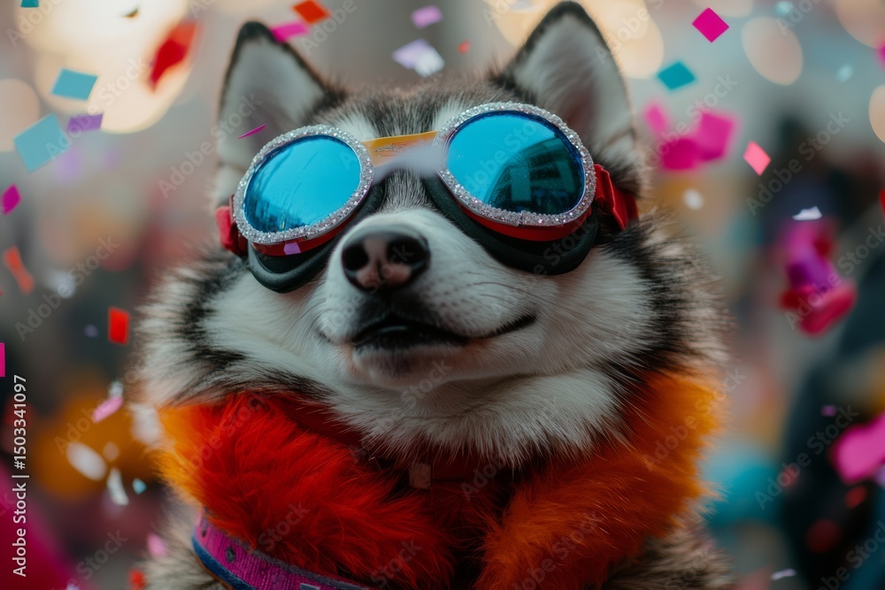 Stylish siberian husky in goggles with colorful confetti Stylish siberian husky in goggles with colorful confetti