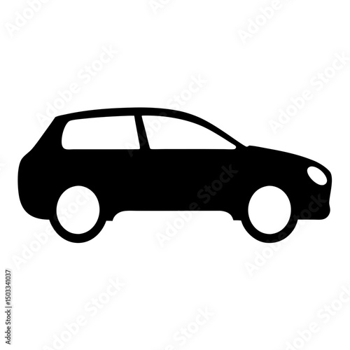 Black Silhouette of Compact Car Icon Side View, Simple black icon showing a side view of a compact car, representing transportation, travel, and automotive.
