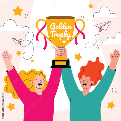 People holding up a gold trophy, celebrating a win