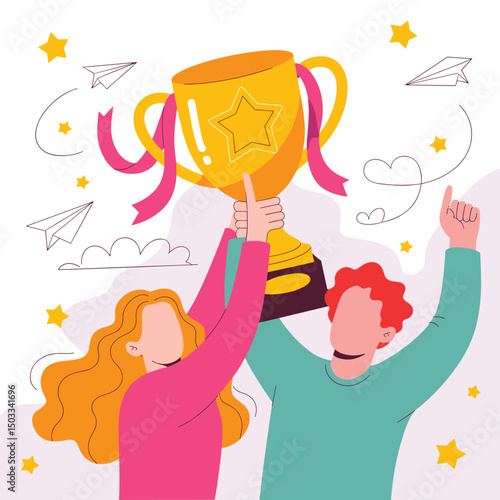 People holding up a gold trophy, celebrating a win
