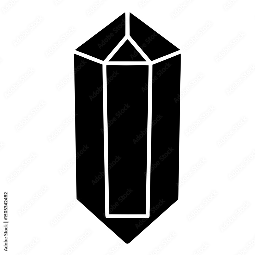 Black and white illustration of a stylized geometric crystal formation Black and white illustration of a stylized geometric crystal formation