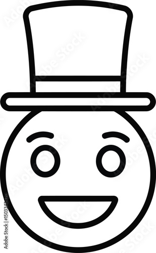 Cheerful Gentleman Emoji: A charming line art illustration of a smiley face donning a distinguished top hat, embodying a sense of wit, amusement, and classic elegance.