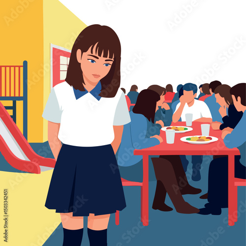Sad schoolgirl feeling isolated at lunchroom with classmates eating and chatting vector illustration