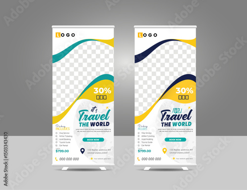 Travel business standee rollup design summer vacation modern business trip signage pullup tour packages retractable x banner template