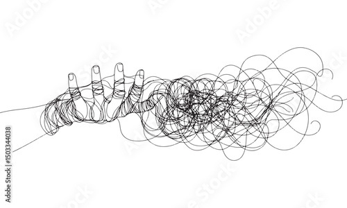 Single line abstract hand holding chaos scribble tangle art drawing showing struggle anxiety emotion concept