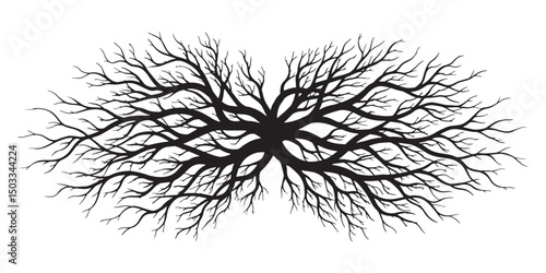 Complex Tree Branch Silhouette Vector with Spreading Twigs and Intricate Natural Root-Like Patterns