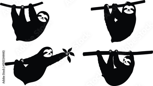 Adorable Sloth Silhouette Vector Illustration Set