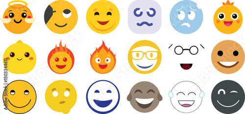 Set of yellow emoji Objects in vector graphic format on a black background.