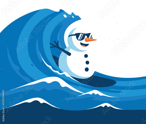 Snowman Surfing Big Blue Wave Cartoon Vector Illustration Cool Summer Fun