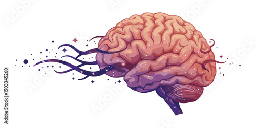 Colorful digital vector illustration of a human brain with galaxy-inspired neural extensions symbolizing imagination and cosmic thought