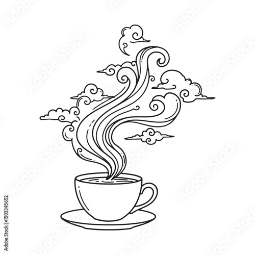 Surreal steaming coffee cup illustration with swirling clouds forming dreamlike vapor in artistic fantasy style