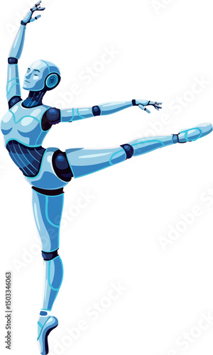 Futuristic robotic ballerina dancing in blue tones with elegant pose vector illustration