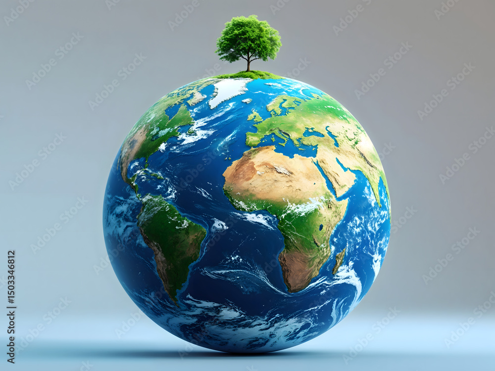 Fototapeta premium Tree growing on top of Earth globe, symbolizing environmental conservation, sustainability, and the importance of protecting our planet 