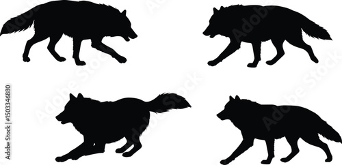 Wolf Silhouette Illustration Vector Pack of Four Running Canids
