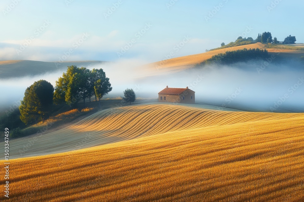 Fototapeta premium Two individuals walk along a winding path through golden fields during early morning light with mist hovering above the landscape