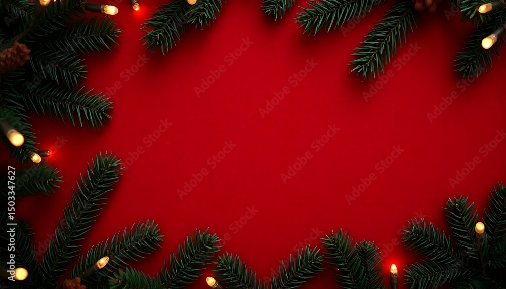 Red Christmas holiday background with a festive tree frame and evergreen decorations Red Christmas holiday background with a festive tree frame and evergreen decorations